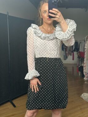 Vintage Polka Dot Ruffled Neck Dress - Black & White